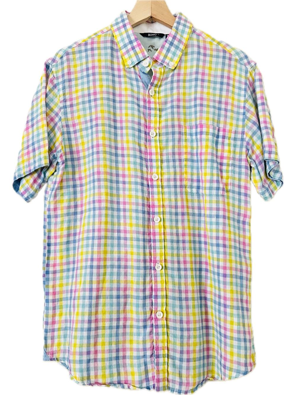 Bohio Linen Men's Printed Button-Up Shirt Top Plaid Primary‎ Pink Blue Yellow M